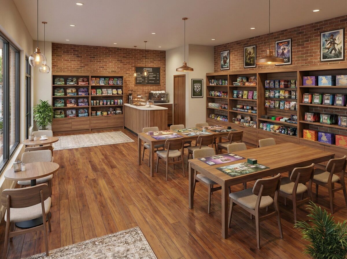 Park Ridge TCG interior concept — warm play space with shelves of trading card games and a coffee bar